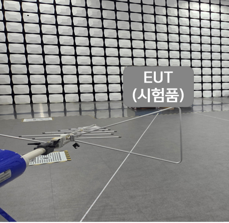 전파무반사실 내부에서 안테나로 시험품의 방사 전자파를 측정하는 시험 환경